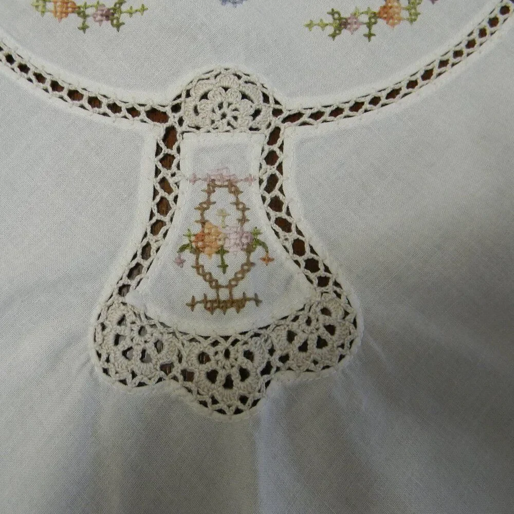 Vintage Handmade Cross Stitch Crochet Doily Tablecloth Floral Basket White Round